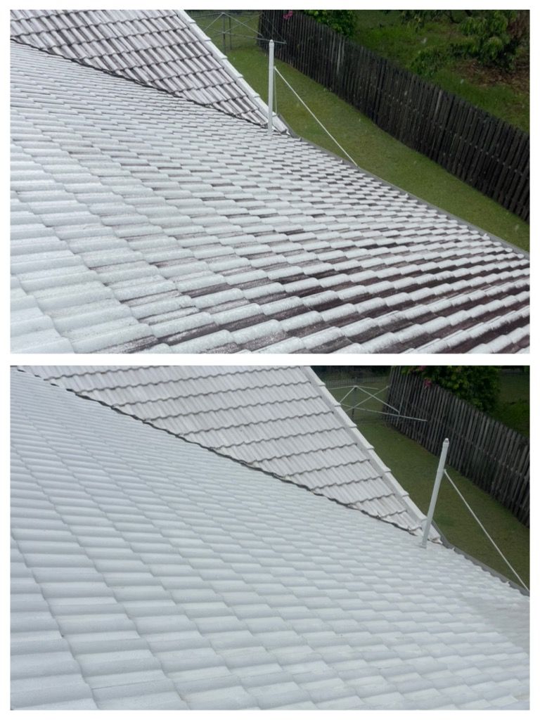 Using soft wash to restore this tile roof on the Gold Coast.