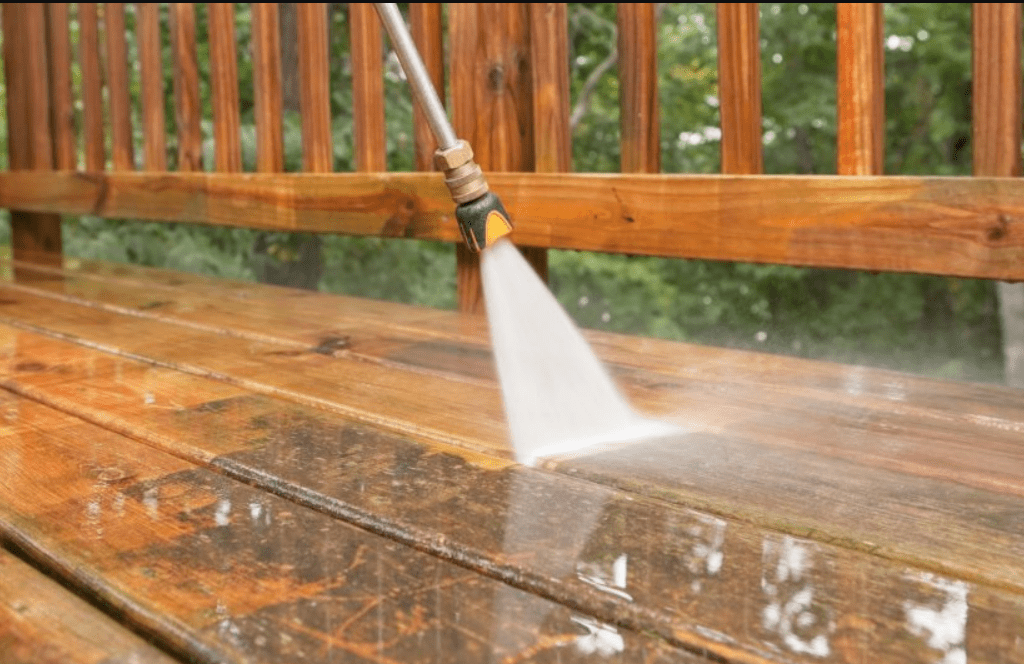 Pressure Wash Gold Coast. Using a medium pressure during a deck clean to revive your deck and prep it for seal and protection.